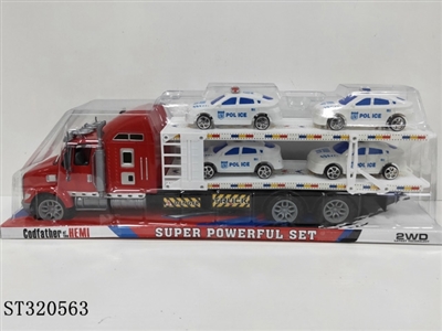 喷漆惯性拖头双层平板载4只滑行警车 - ST320563