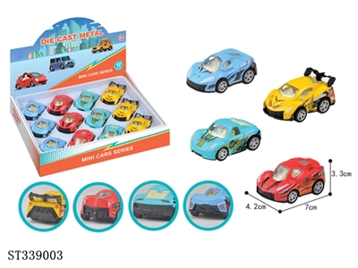 12PCS 4款式迷你Q版合金车 回力 黑轮 金属【英文包装】 - ST339003
