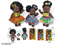 ST340242 - 9 inch full-body vinyl deep black black with hair doll (fat baby doll) 3 standing color boxes mixed